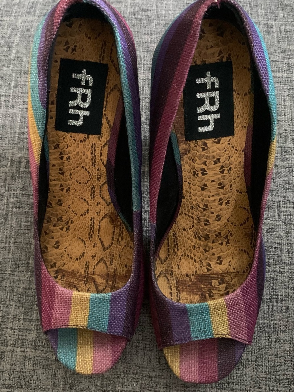 FRH Multicolor Stripe Peep-Toe Heels in Purple, Teal & Yellow